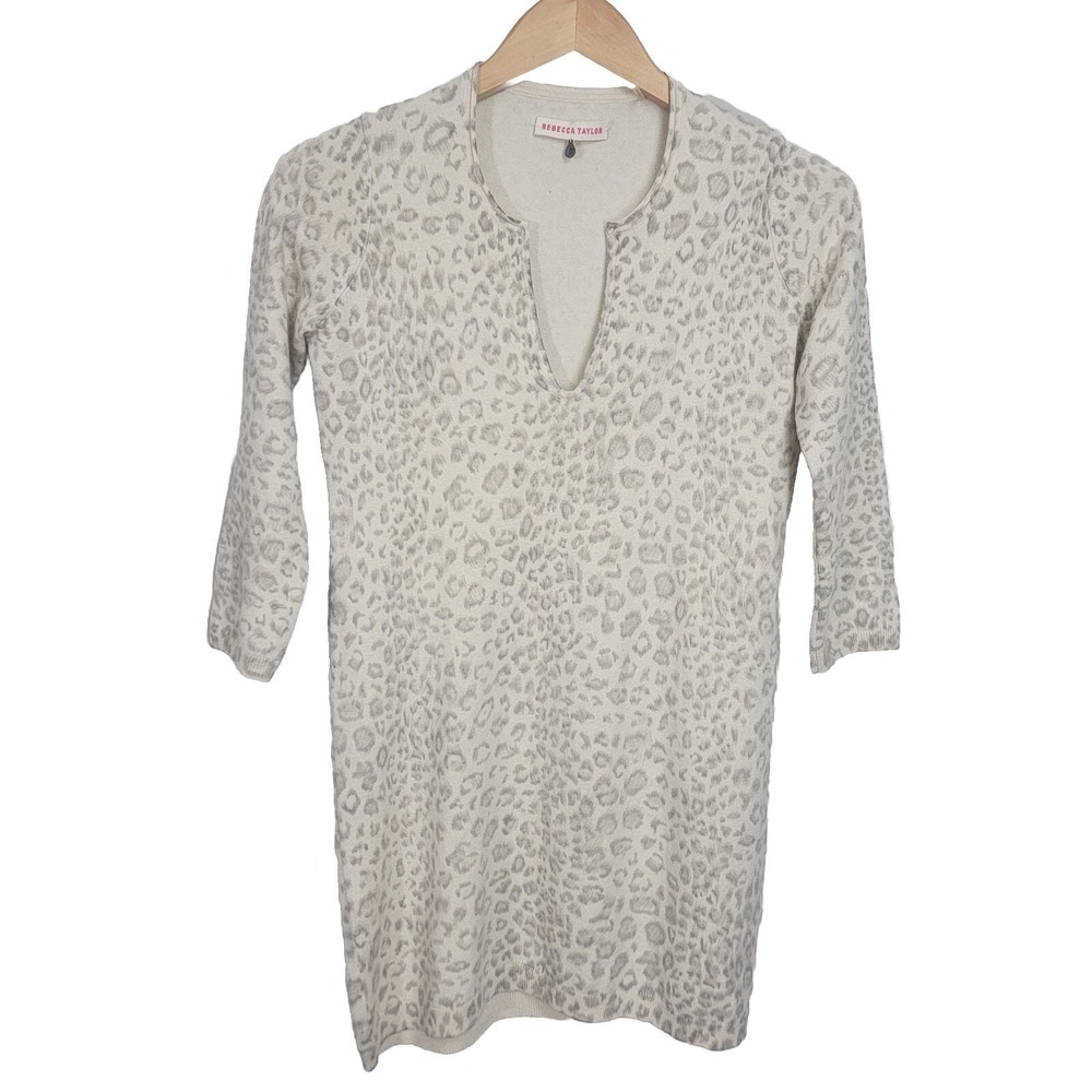 Rebecca Taylor Sweater Dress Silk Cashmere Size S Cream Leopard Knit V Neck